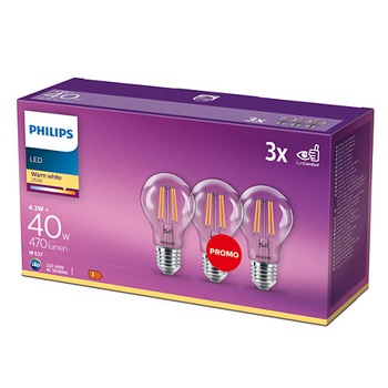 Pachet 3 becuri LED vintage Philips Classic A60, E27, 4.3W (40W), 470 lm, lumina alba calda (2700K) Pachet 3 becuri LED vintage Philips Classic A60, E27, 4.3W (40W), 470 lm, lumina alba calda (2700K)