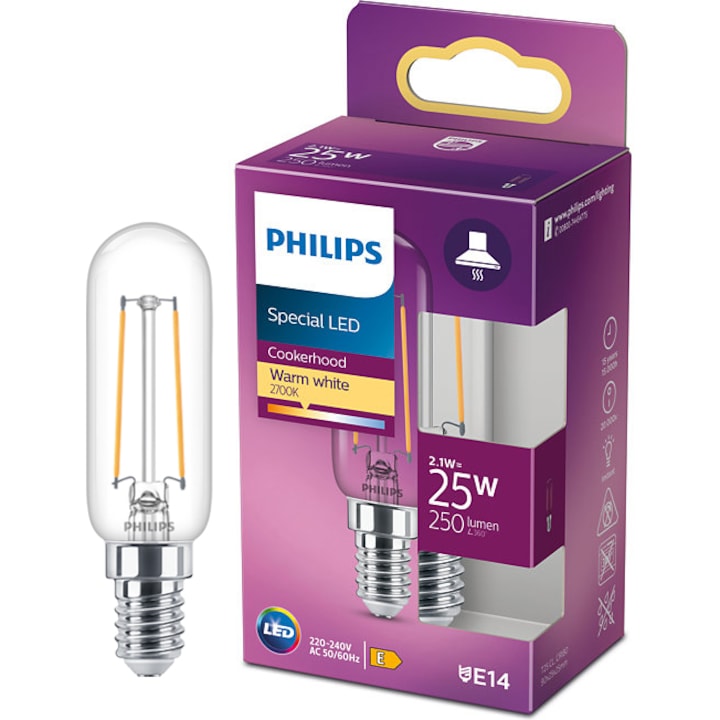Bec LED lumanare/lustra vintage pentru hota Philips Classic T25L, E14, 2.1W (25W), 250 lm, lumina alba calda (2700K), clasa energetica E