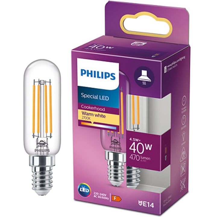 Bec LED lumanare/lustra vintage Philips Classic T25L, E14, 4.5W (40W), 470 lm, lumina alba calda (2700K), clasa energetica F