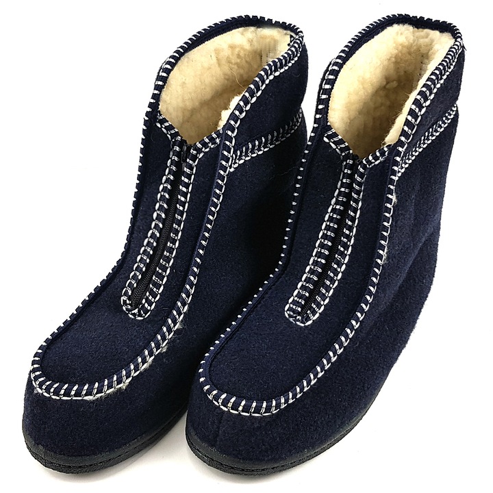 Papuci Dama Model Troieni Imblaniti cu Lana, Culoare Albastru
