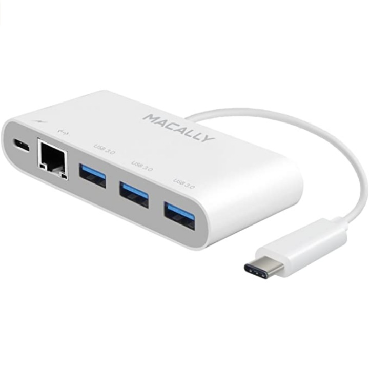 Hub USB-C, Macally 3.1 USB-C hub with USB, USB-C and Gigabit Ethernet, (alb)