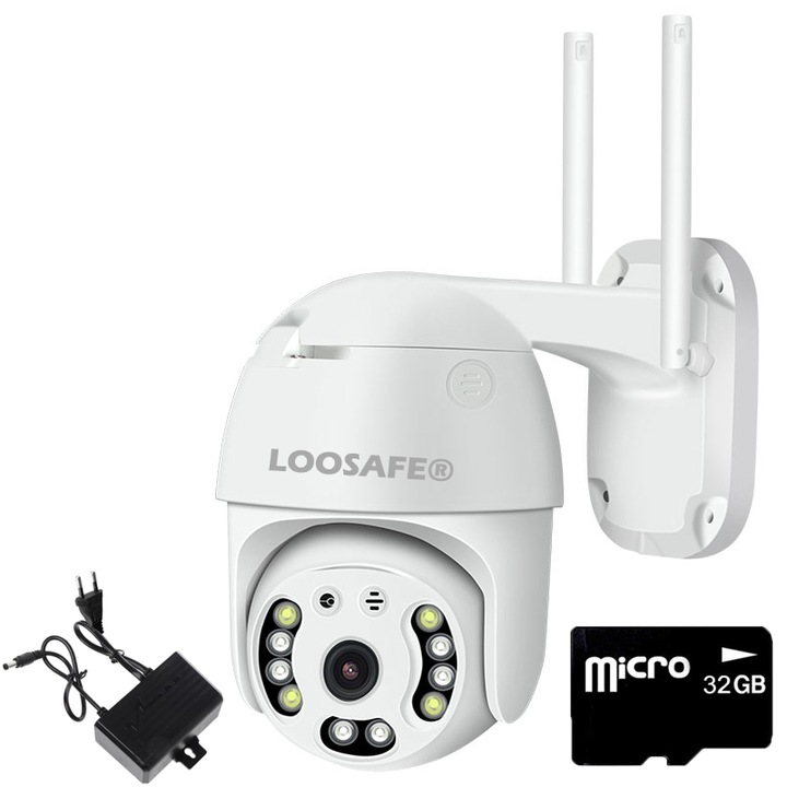 Camera de supraveghere WIFI Loosafe® Q910 Pro 10 LED, 5MP, exterior/interior, Ultra HD 4K, 4X zoom, rotire, comunicare bidirectionala, alarma sonora, senzor miscare, Alb