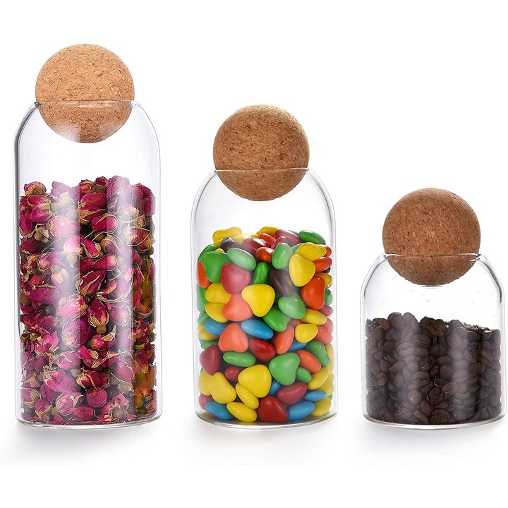 Set de 3 recipiente de sticla cu dop din pluta de uz casnic pentru depozitat paste/cereale/fructe uscate/cafea, 500ml, 800ml, 1200ml