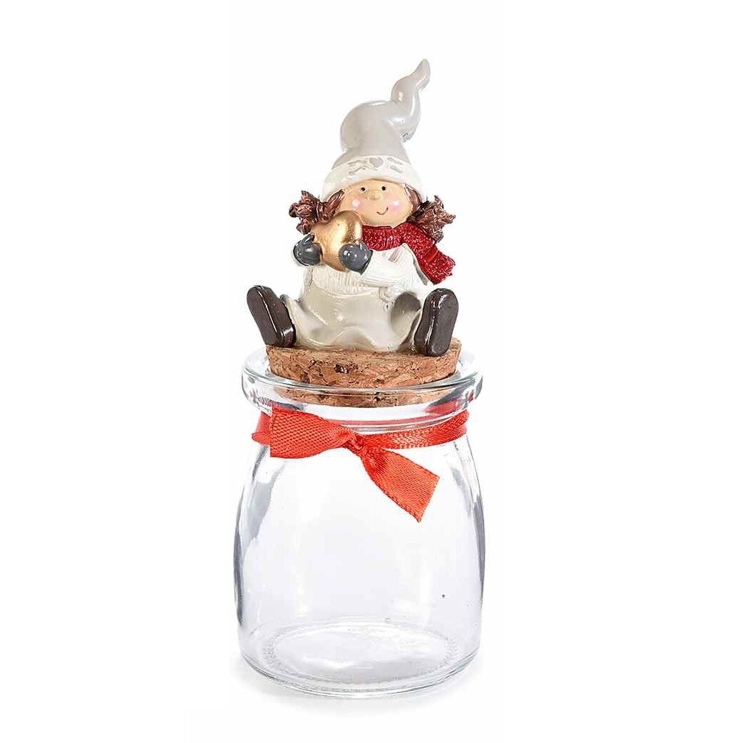 Borcan din sticla si figurina Spiridus ceramica alba Ø 6x15 cm