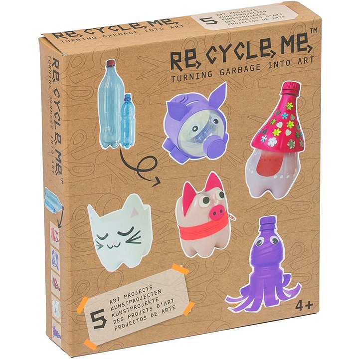 Креативен комплект Chippo KD Group Re Cycle Me Craft Fun 029827 2-12, Рециклиране, Къща, прасенце, Котка, Октопод и Прасе - Касичка