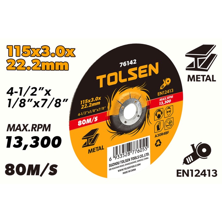 Disc taiere metal TOLSEN 115x3x22 mm, Centru coborat, Precizie ridicata, Taiere rapida si eficienta, Rezistenta crescuta, Ideal pentru aplicatii industriale, Disc taiere metal TOLSEN 115x3x22 mm, Centru coborat, Precizie ridicata, Taiere rapida si eficien