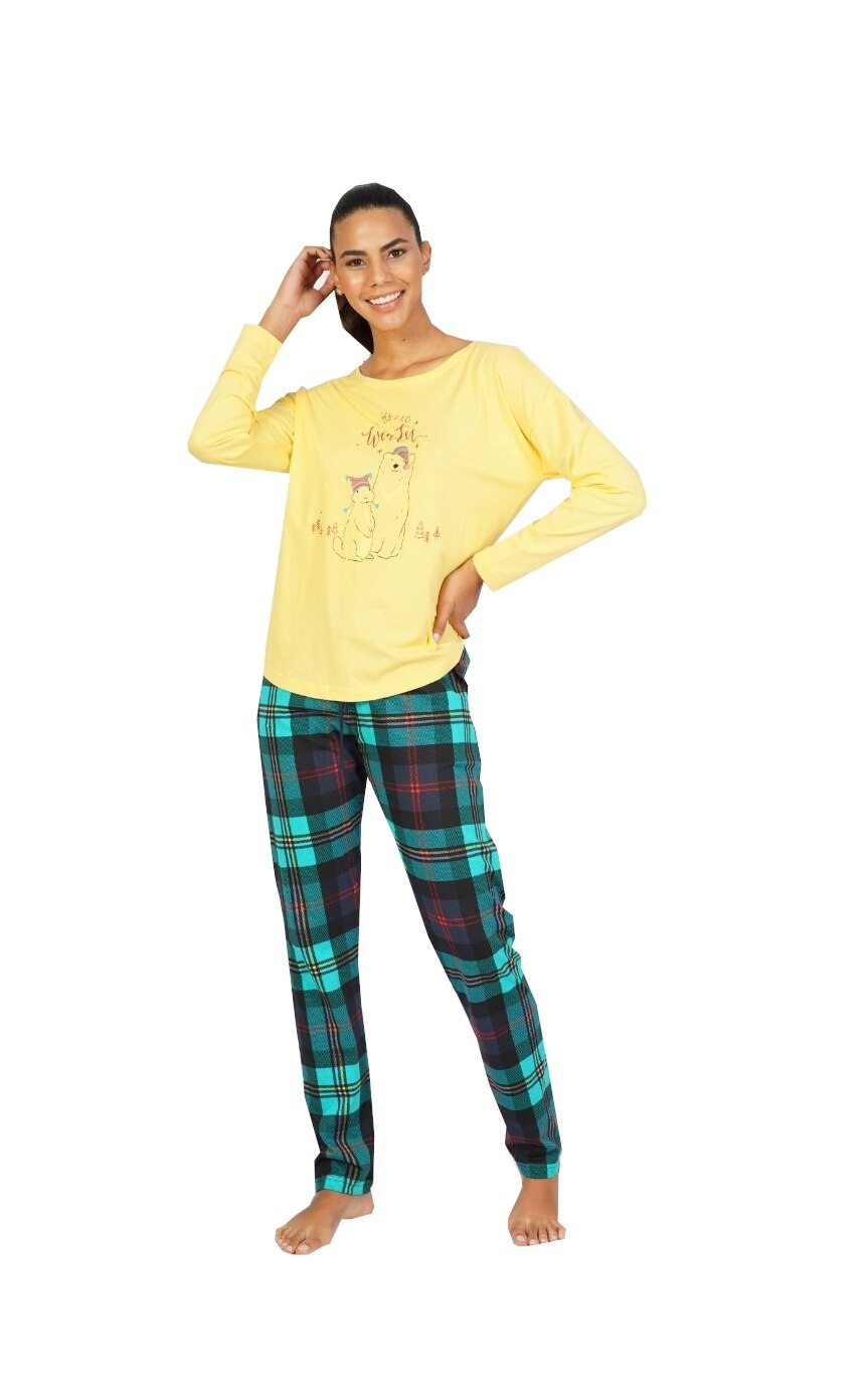 Pijama dama maneca lunga pantaloni lungi,imprimeu ursulet/, Galben