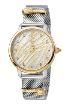 JUST CAVALLI, Ceas din otel inoxidabil decorat cu cristale, Argintiu/Auriu JUST CAVALLI, Ceas din otel inoxidabil decorat cu cristale, Argintiu/Auriu