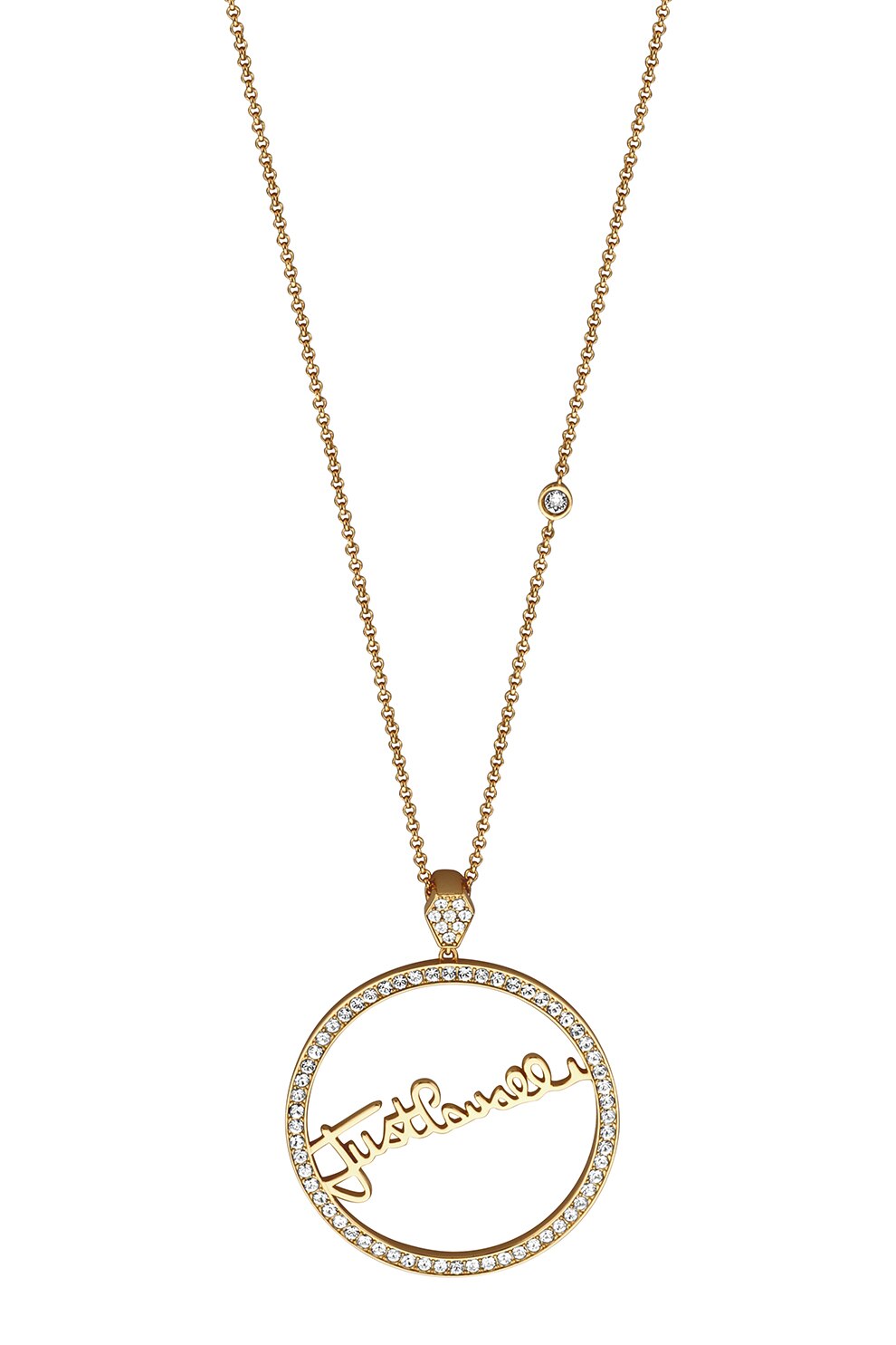 JUST CAVALLI, Colier cu pandantiv decorat cu zirconia si logo, Auriu