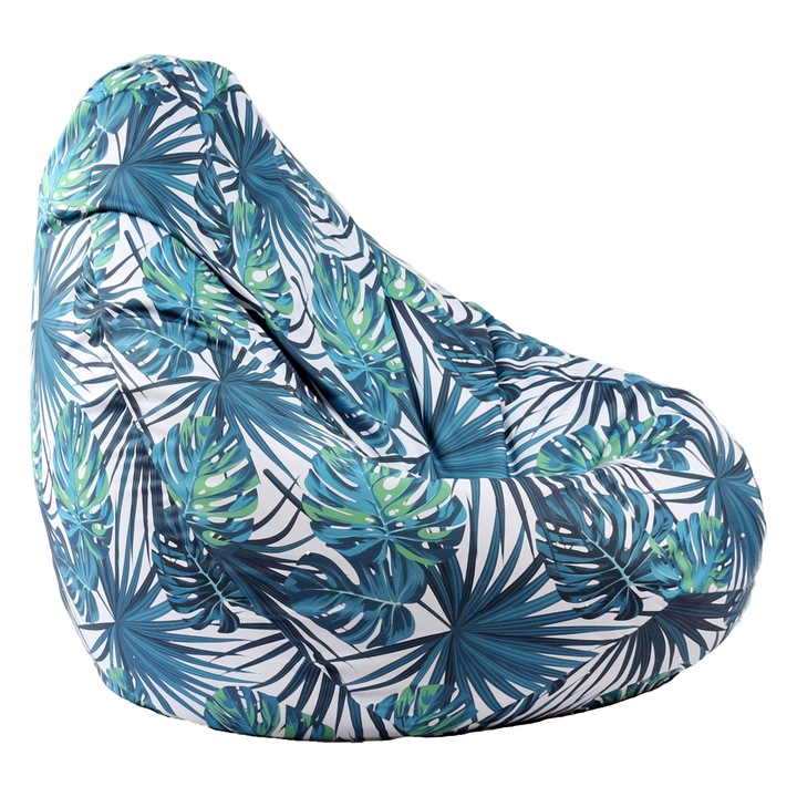 Fotoliu Puf tip Sac Nirvana Hobbit, Frunze Tropicale, Imprimat, pretabil si la exterior, umplut cu perle polistiren