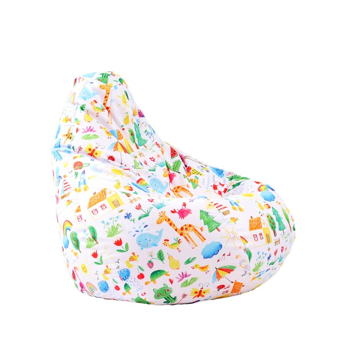 Fotoliu beanbag pentru Copii, 4-14 ani, Nirvana Light, O Lume Colorata, Imprimat, pretabil la exterior, husa detasabila, umplut cu perle polistiren