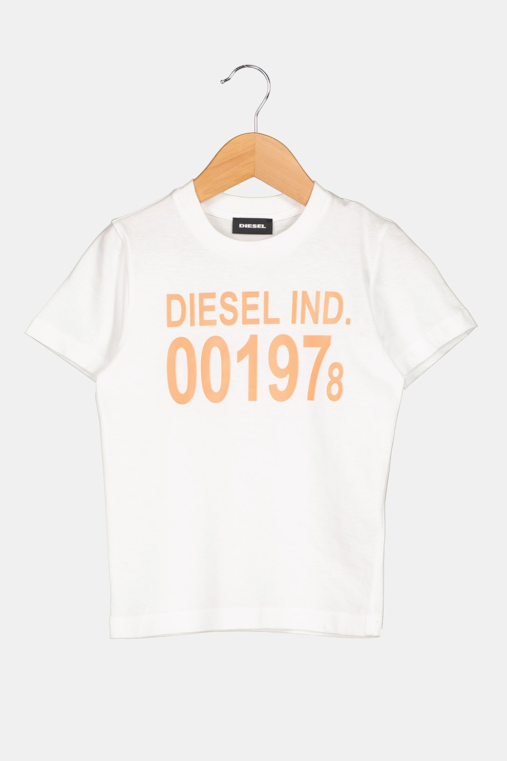 Diesel, Tricou de bumbac cu imprimeu text si logo, Alb optic/Oranj neon