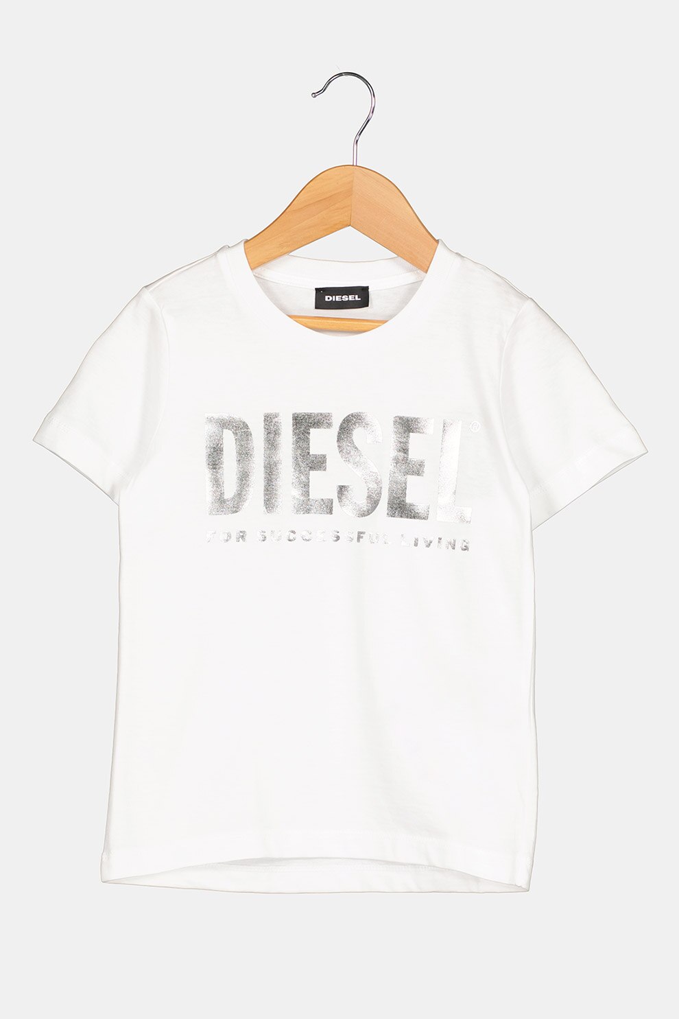 Diesel, Tricou cu imprimeu logo, Alb optic/Argintiu