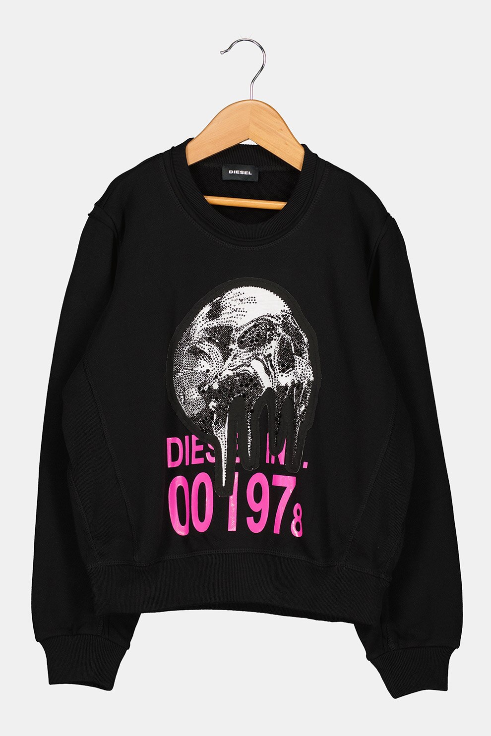 Diesel, Bluza sport cu imprimeu si strasuri, Negru/Alb/Roz fandango, 132 CM
