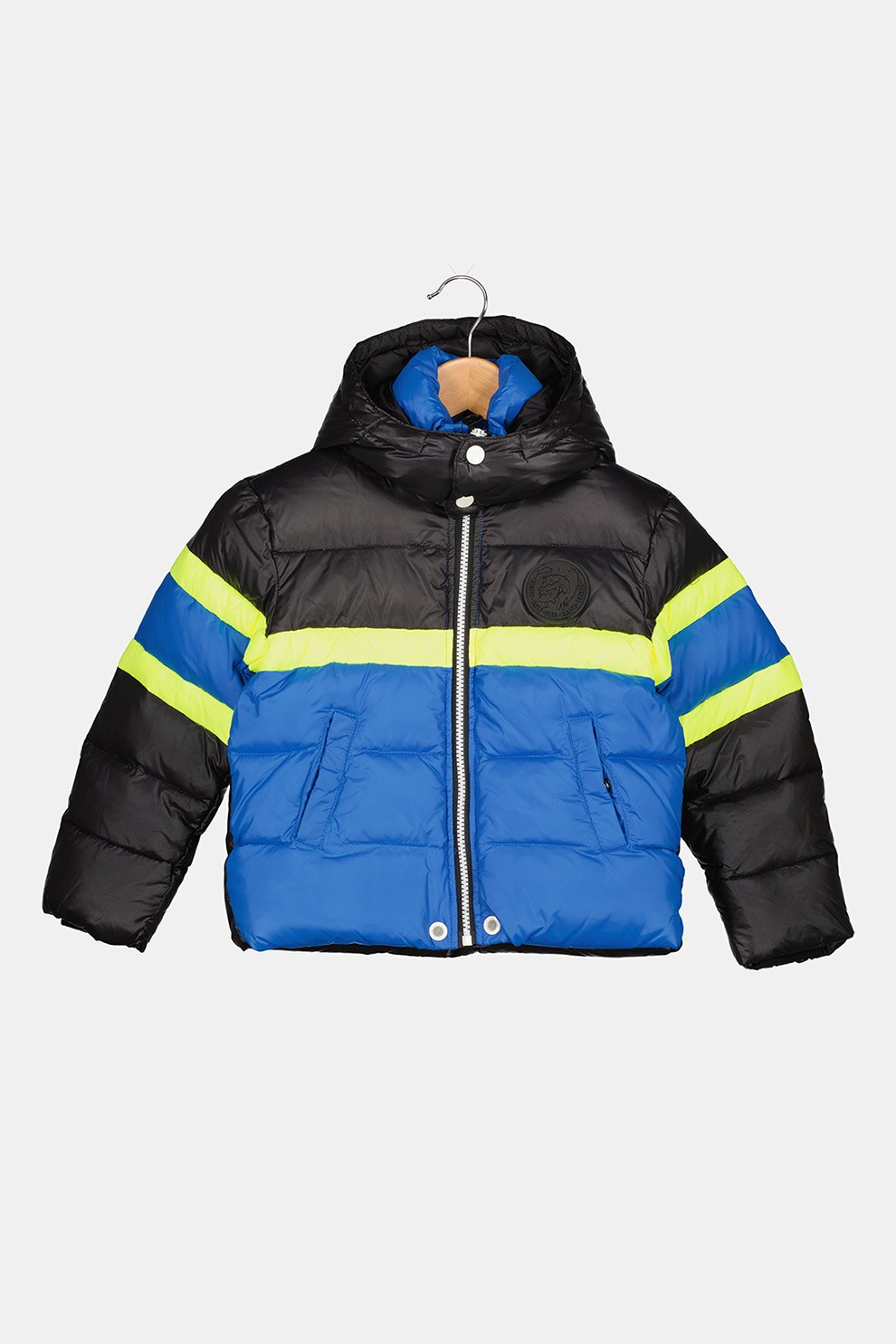 Diesel, Geaca scurta cu model colorblock, Negru/Albastru royal/Galben neon, 156 CM