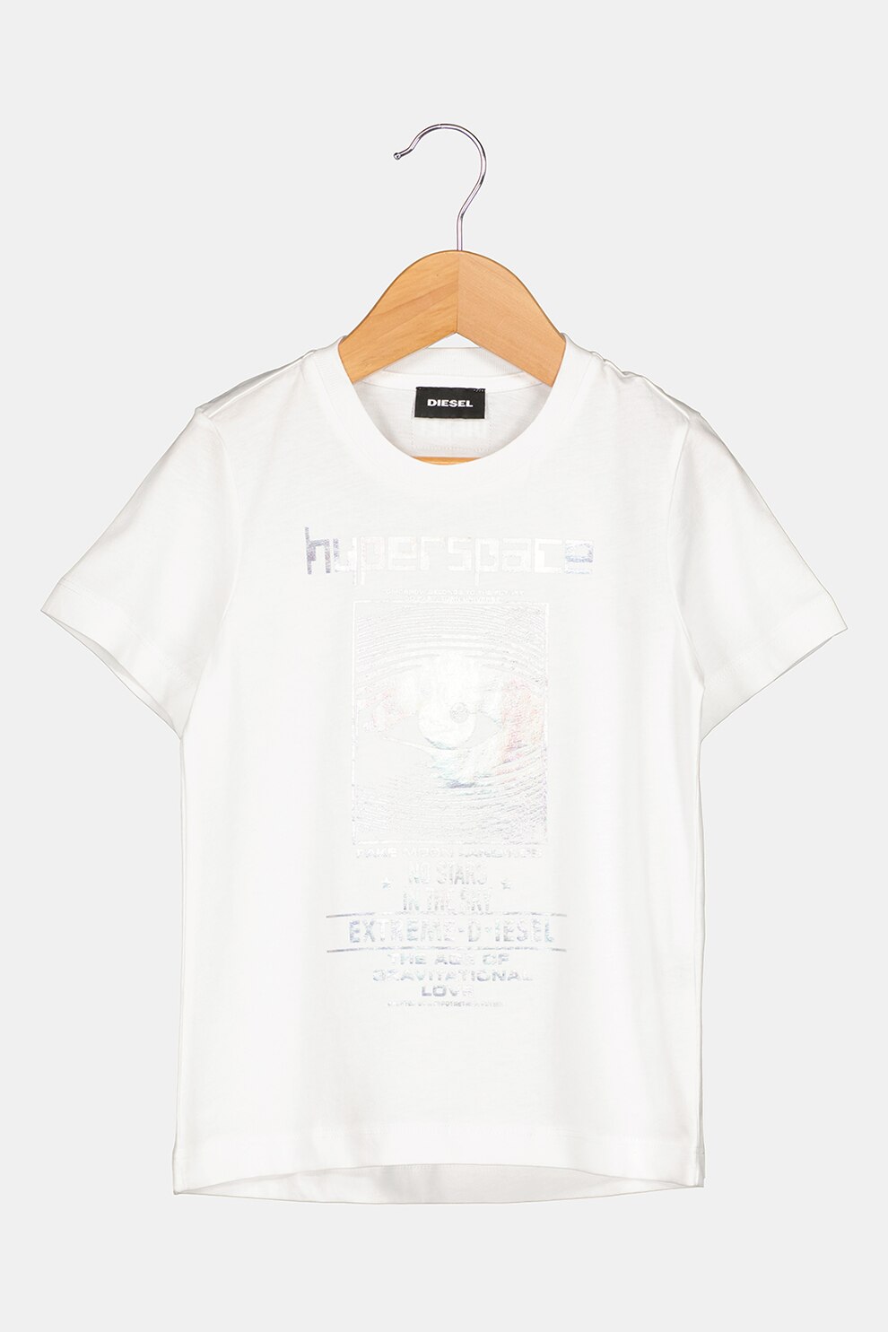 Diesel, Tricou de bumbac cu imprimeu metalizat, Alb optic/Argintiu