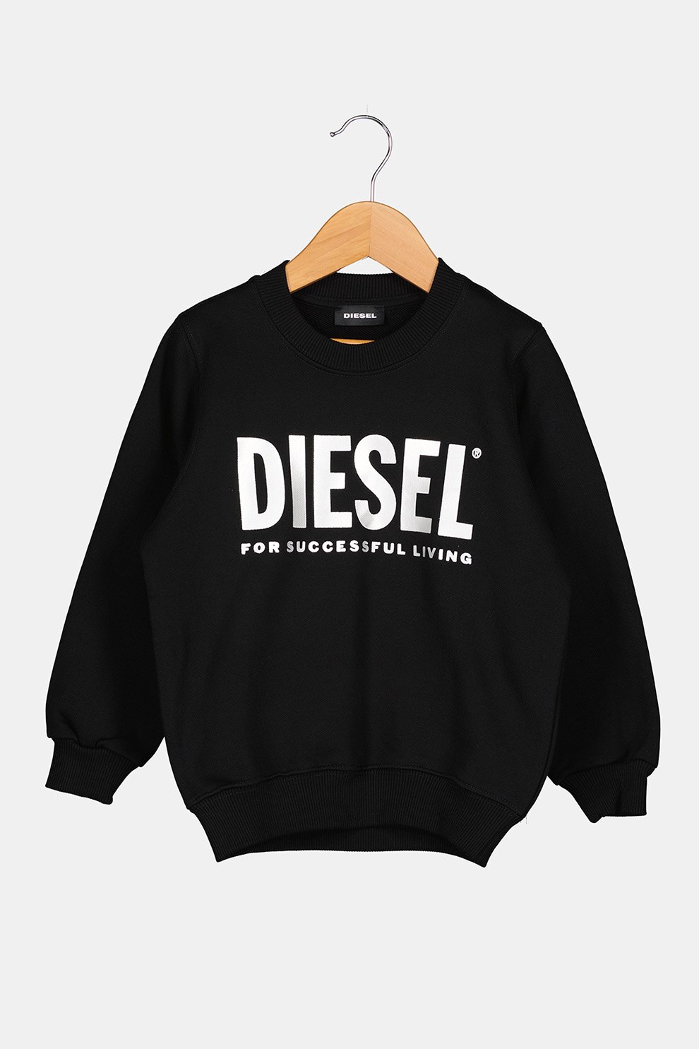 Diesel, Bluza sport cu decolteu la baza gatului si imprimeu logo metalizat, Negru/Argintiu