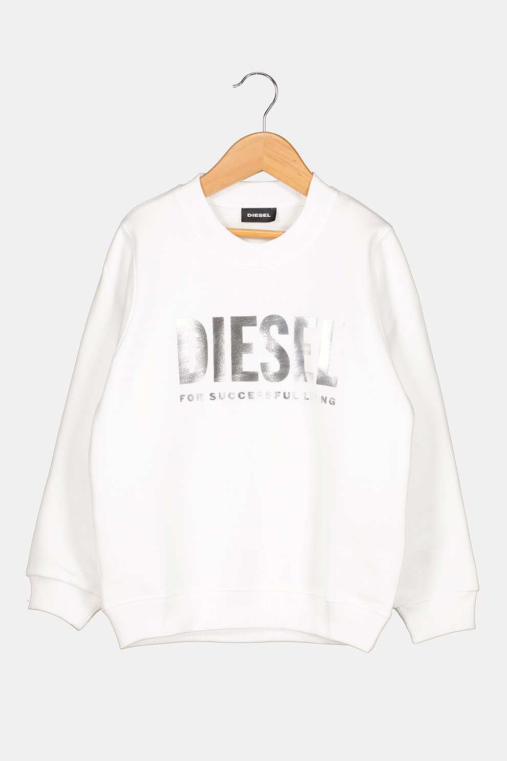 Diesel, Bluza sport cu decolteu la baza gatului si imprimeu logo metalizat, Alb optic/Argintiu