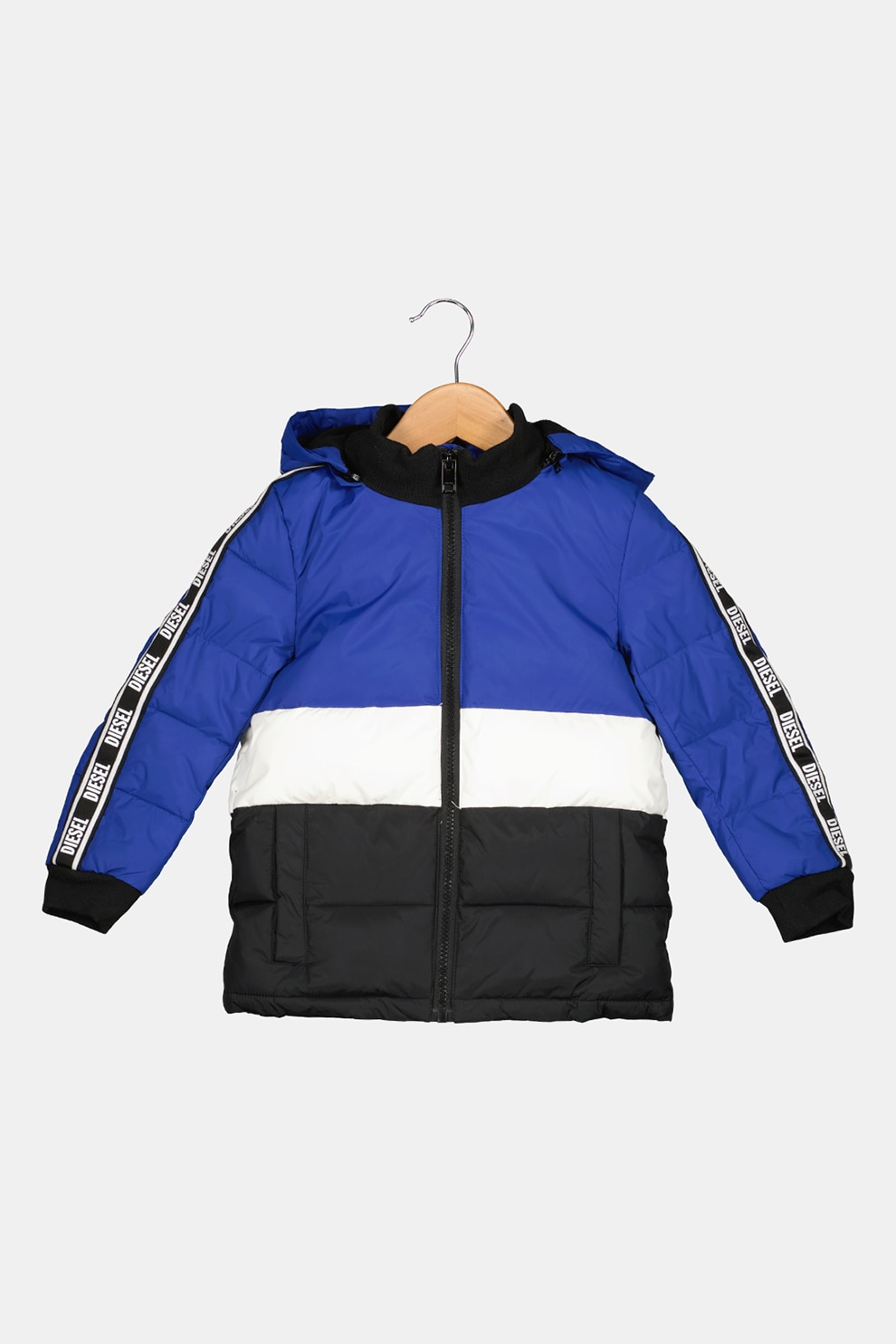 Diesel, Geaca cu gluga detasabila si model colorblock, Albastru royal/Alb/Negru