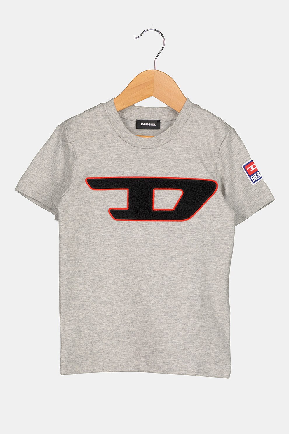 Diesel, Tricou de bumbac cu decolteu la baza gatului si imprimeu logo, Gri melange/Negru