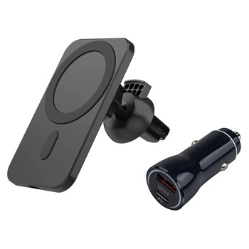 Set suport auto cu incarcare wireless tehnologie MagSafe 15w cu incarcator auto 38W USB-C pentru seria iPhone 12 si iPhone 13, Negru Set suport auto cu incarcare wireless tehnologie MagSafe 15w cu incarcator auto 38W USB-C pentru seria iPhone 12 si iPhone 13, Negru