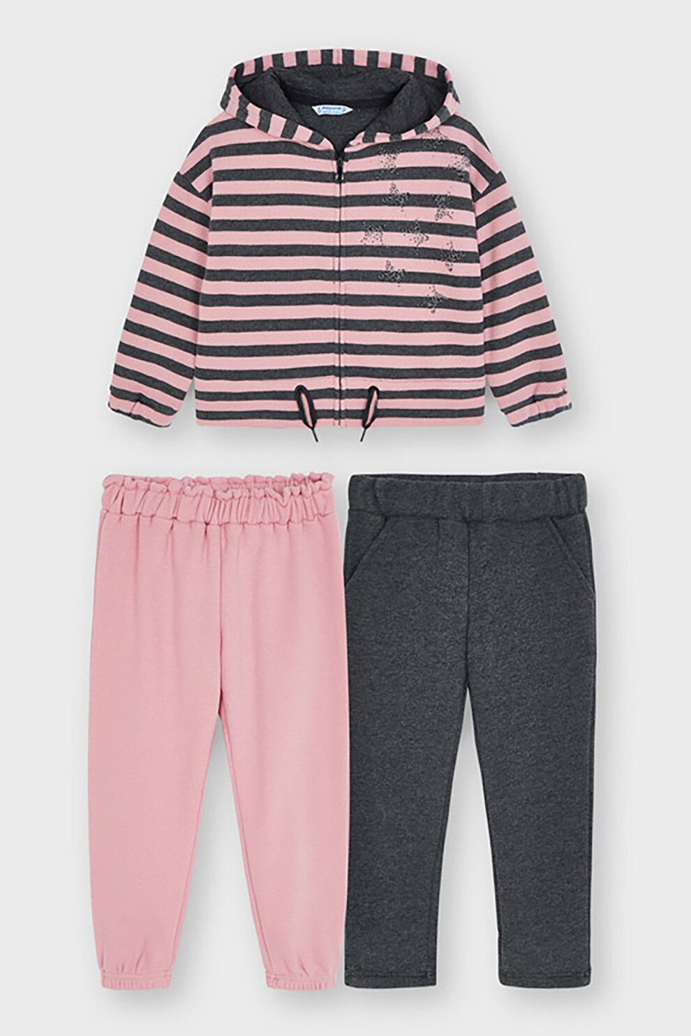 Mayoral, Set de hanorac cu imprimeu si pantaloni sport - 3 piese, Roz/Gri inchis