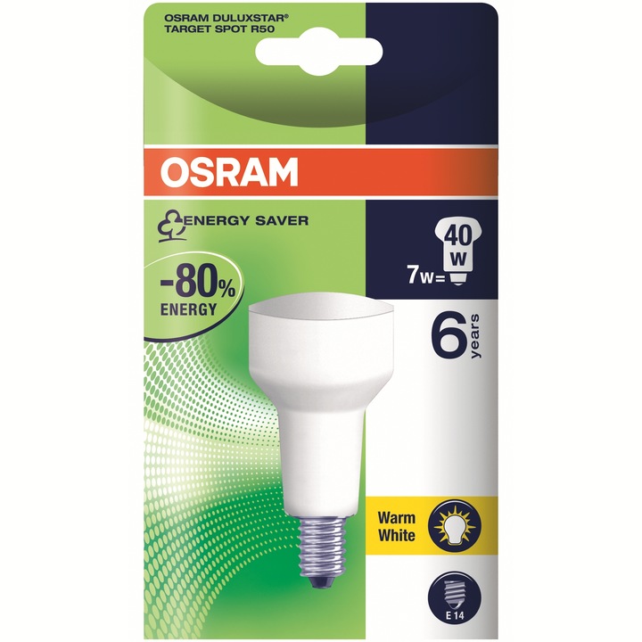 Флуоресцентна крушка Osram DSTAR R50, Тип спот, E14, 7W, 10000 часа, топла светлина