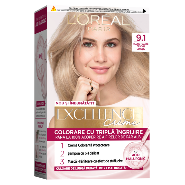 Vopsea de par permanenta cu amoniac L'Oreal Paris Excellence Creme 9.1 Blond cenusa foarte deschis, 192 ml