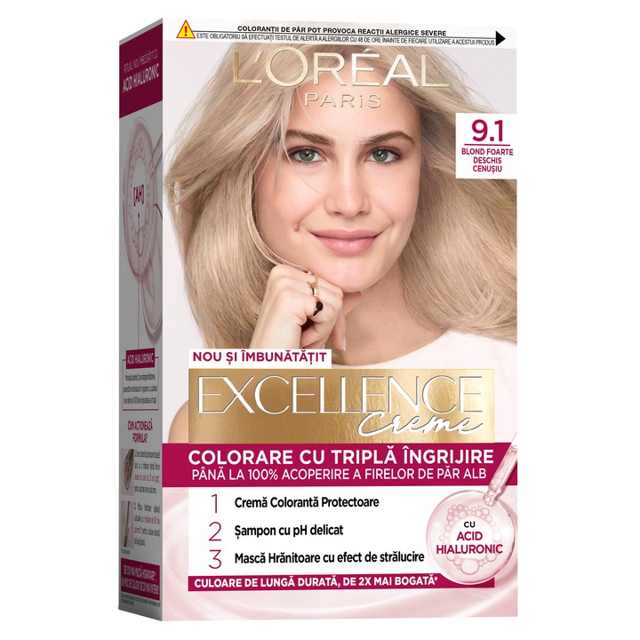 Vopsea de par permanenta cu amoniac L'Oreal Paris Excellence Creme 9.1 Blond cenusa foarte deschis, 192 ml