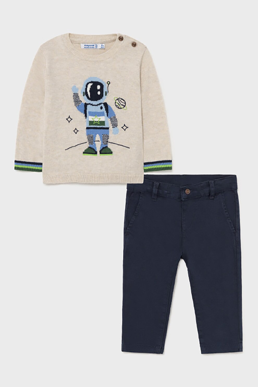 Mayoral, Set de pulover tricotat fin din amestec de lana si pantaloni, Maro deschis melange/Bleumarin