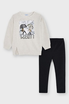 Mayoral, Set de colanti si bluza sport cu imprimeu - 2 piese, Gri deschis melange/Negru Mayoral, Set de colanti si bluza sport cu imprimeu - 2 piese, Gri deschis melange/Negru