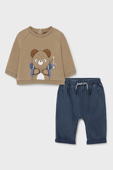 Mayoral, Set de bluza cu imprimeu si pantaloni, maro camel, gri carbune Mayoral, Set de bluza cu imprimeu si pantaloni, maro camel, gri carbune