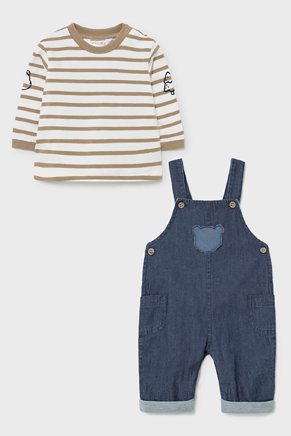 Mayoral, Set de bluza cu dungi si salopeta - 2 piese, Bleumarin/Alb/Maro