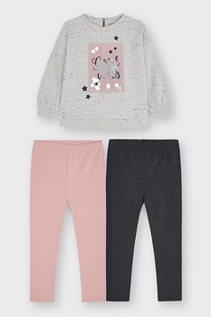 Mayoral, Set de bluza sport cu imprimeu si colanti- 3 piese, Gri melange/roz/argintiu Mayoral, Set de bluza sport cu imprimeu si colanti- 3 piese, Gri melange/roz/argintiu