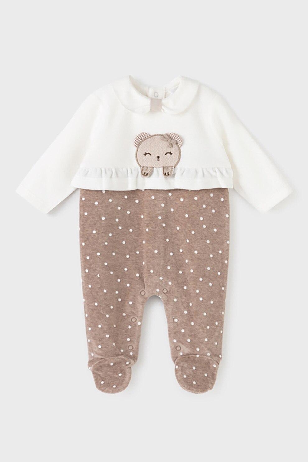 Mayoral, Salopeta cu botosei si guler Peter Pan, Alb/Maro melange