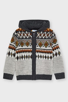 Mayoral, Cardigan cu model si fermoar, Gri melange/maro/alb Mayoral, Cardigan cu model si fermoar, Gri melange/maro/alb