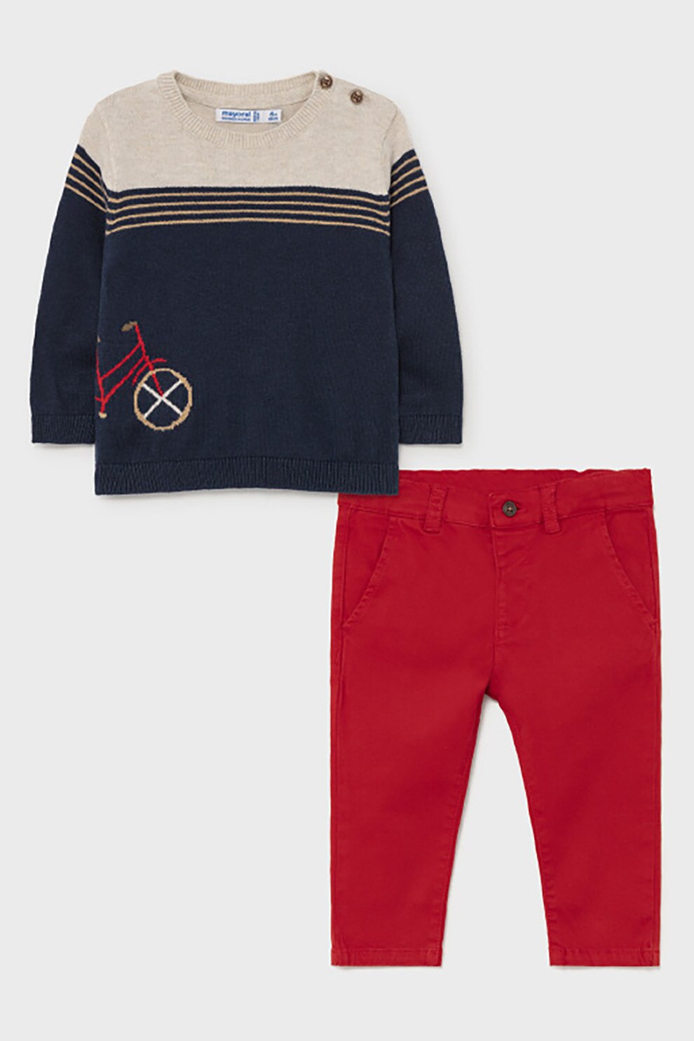 Mayoral, Set de pulover tricotat fin din amestec de lana si pantaloni, Bleumarin/Rosu