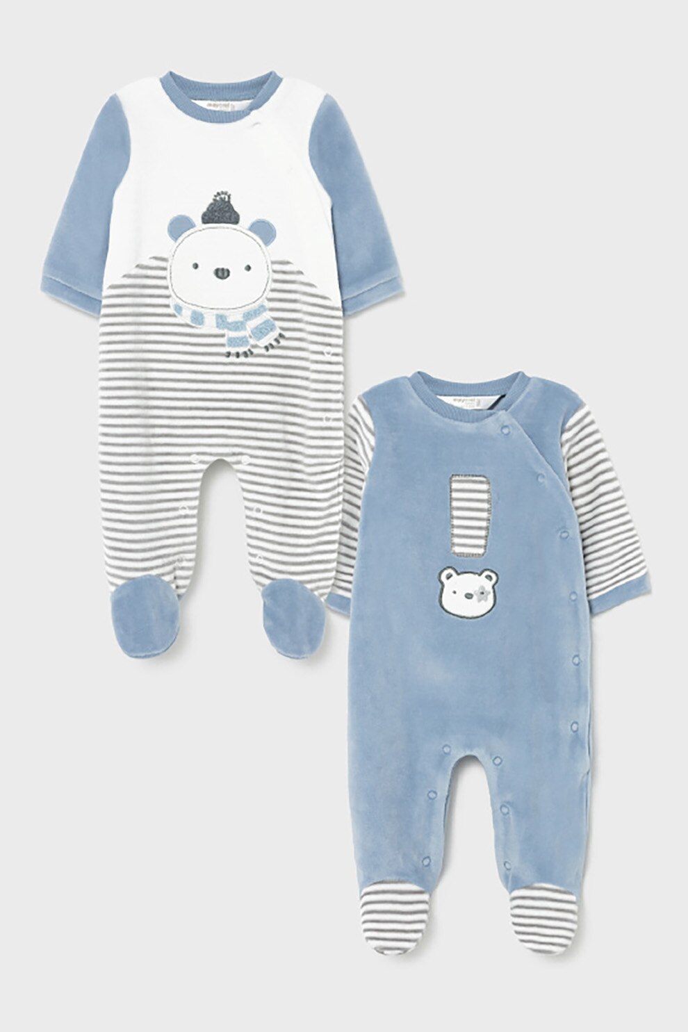 Mayoral, Set de salopeta cu botosei si imprimeu - 2 piese, Albastru prafuit/Alb