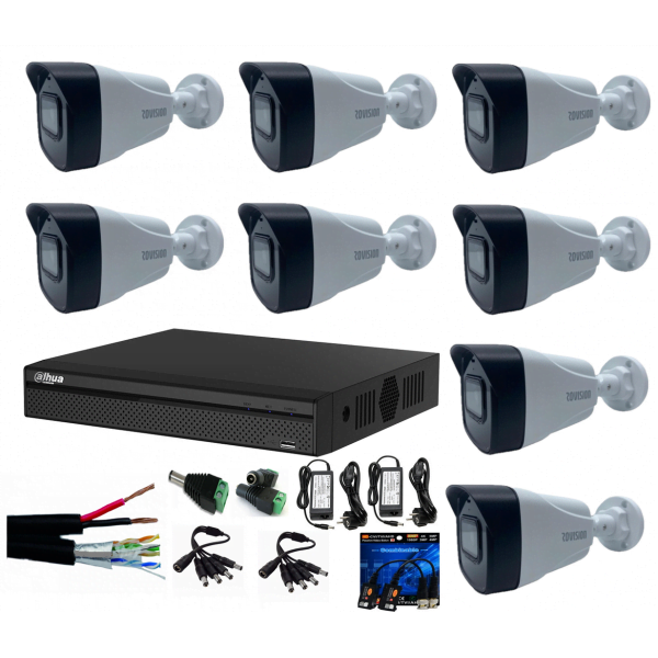 Kit 8 camere supraveghere 8MP 4K cu IR 80m, microfon + DVR 8 canale 8MP 4K Dahua + Surse + Cablu + Mufe + Splitter
