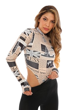 Body cu maneca lunga Zina Press, Alb/ Bej Body cu maneca lunga Zina Press, Alb/ Bej