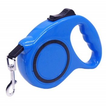 Lesa retractabila 5 m Pufo Puppy pentru caini de talie mica sau medie, sistem carabina cu vartej, albastru Lesa retractabila 5 m Pufo Puppy pentru caini de talie mica sau medie, sistem carabina cu vartej, albastru
