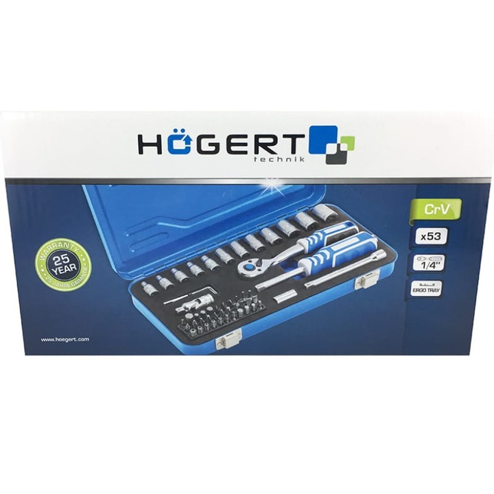 53 bites csavarhúzó készlet, Hogert, 72 fogú racsnis, hatlapú kulcsok és kiváló minőségű CR-V tartozékok