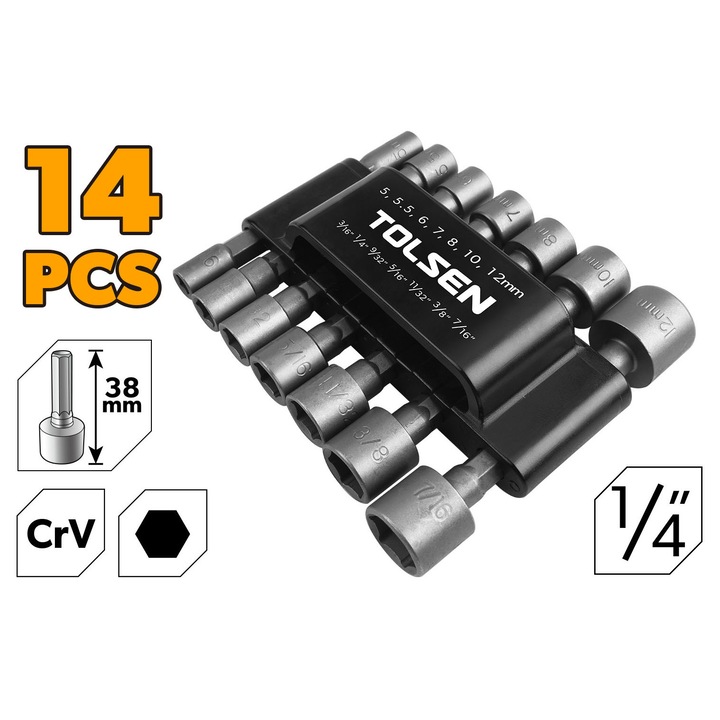 Set 14 mufe piulita 1/4"x38 mm, Cr-V, metric 5/5.5/6/7/8/10/12 mm, TOLSEN + SAE, tratament termic, finisaj satinat, rezistente si precise