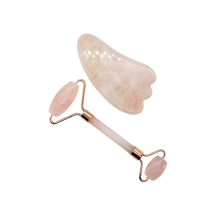 Jade roller, gua sha és rózsaszín kvarc applikátorkészlet arc- és izommasszázshoz