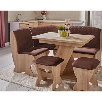 Set coltar bucatarie YANA, cu 2 tabureti SI masa, cu lada, stejar bardolino cu maro inchis, 161.5 x 121.5 x 92 cm, 4C Set coltar bucatarie YANA, cu 2 tabureti SI masa, cu lada, stejar bardolino cu maro inchis, 161.5 x 121.5 x 92 cm, 4C