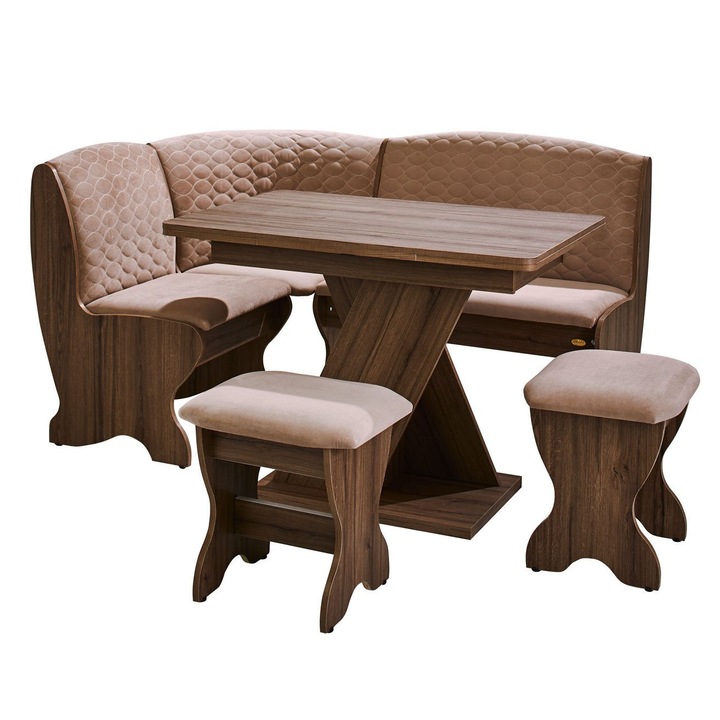 OEM konyhai sarokgarnitúra, 2 szék és asztallal, láda, 161,5 x 121,5 x 92 cm, 4C, dió/krém