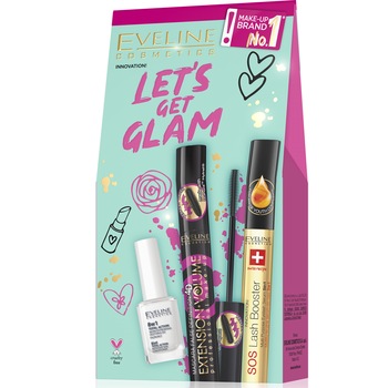 Pachet Eveline Let's Get Glam, Balsam pentru unghii 8 in 1, 12 ml, Mascara False Definition 4D Extension Volume, 10 ml, Tratament Cadere si Crestere Gene 5 in 1 SOS , 10 ml Pachet Eveline Let's Get Glam, Balsam pentru unghii 8 in 1, 12 ml, Mascara False Definition 4D Extension Volume, 10 ml, Tratament Cadere si Crestere Gene 5 in 1 SOS , 10 ml