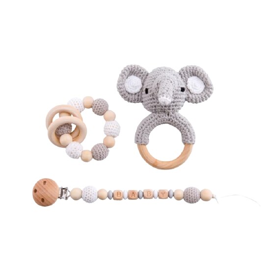 Set Montessori, jucarie zornaitoare elefant gri, lant suzeta si jucarie dentitie
