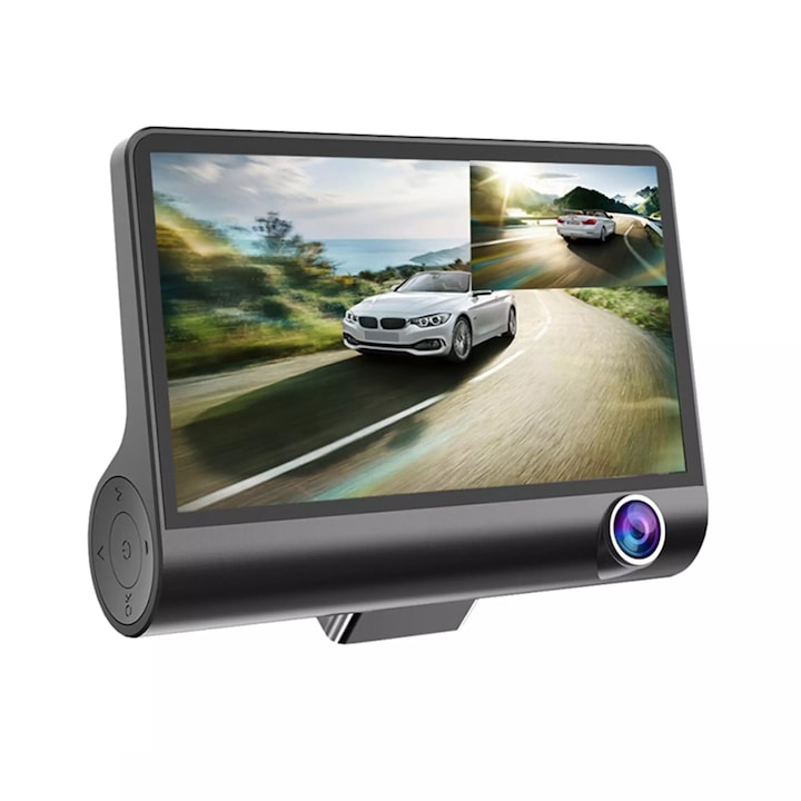 Тройна DVR видеокамера за кола, Tiessa®, Full-HD, 3 камери - предна/задна/вътрешна, 4'' екран, G Sensor, 170 градуса