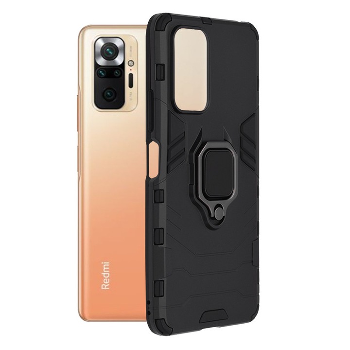 Husa Armor Ring pentru Xiaomi Redmi Note 10 Pro / Note 10 Pro Max, Army Shield, Inel Magnetic, Rugged, Negru Titan